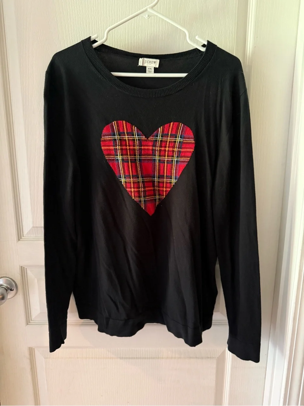 J. Crew Woman’s Black Long-Sleeve Sweater with Red Plaid Heart